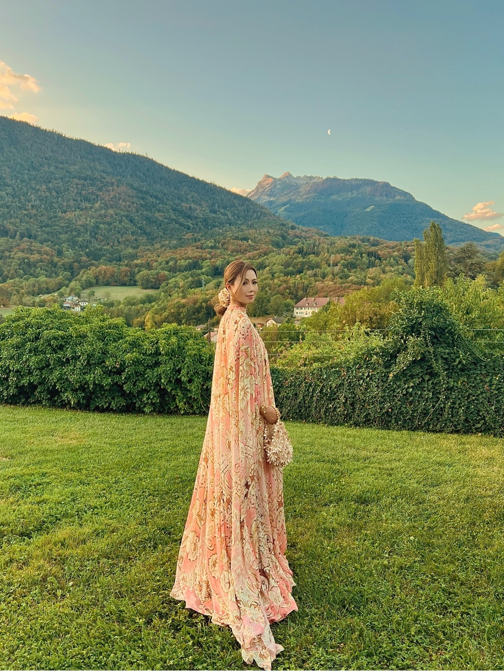 HEMANT & NANDITA Pink and Gold Floral Maxi Cape Dress